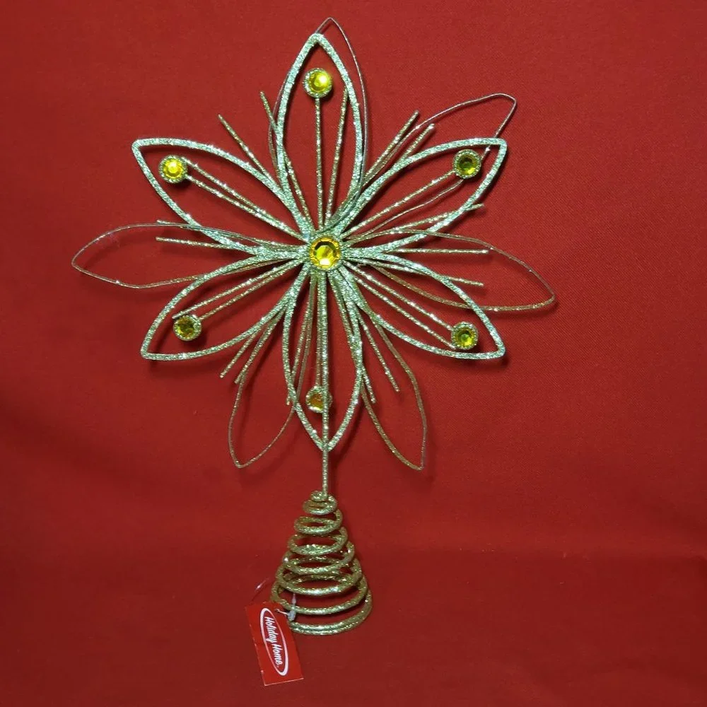 Holiday Home Jewel Flower Tree Topper Gold Glitter Sparkling Metal Wire Star Flo